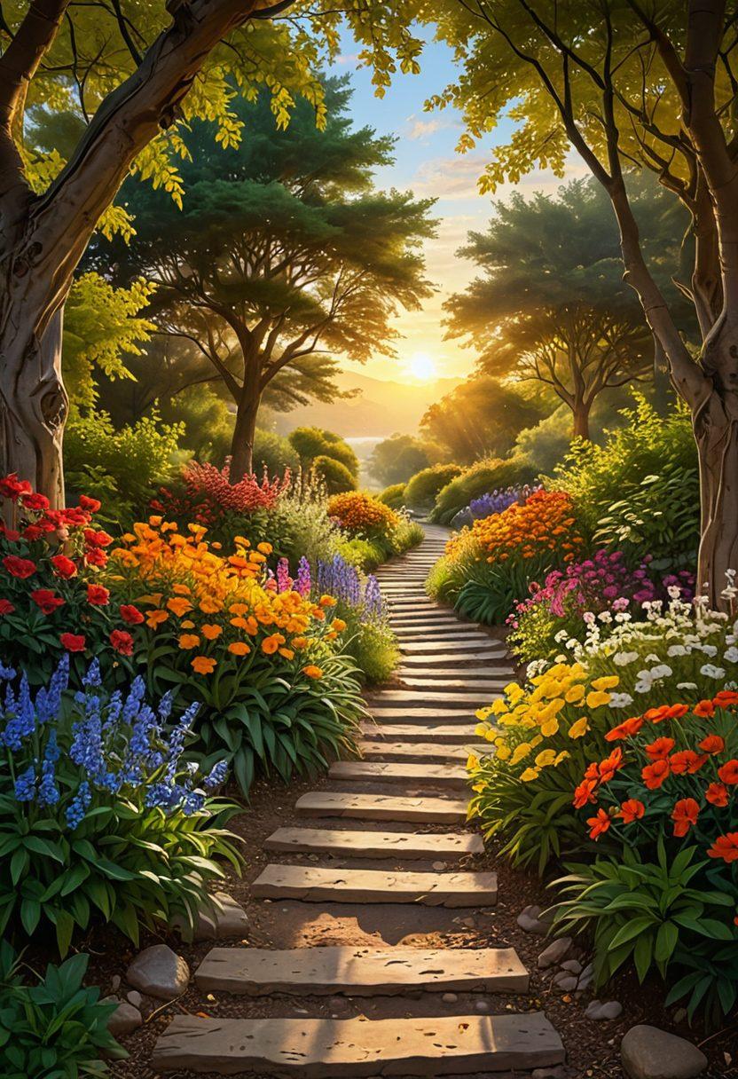 A vibrant pathway leading to a radiant sunrise, symbolizing the journey to happiness. Along the path, joyful people engage in activities like laughter, meditation, and art, surrounded by lush greenery and vivid flowers. A pair of open doors at the end of the path invites viewers to explore a world filled with positivity and transformation. super-realistic. vibrant colors. calming atmosphere.