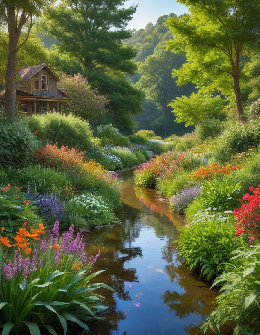 A serene landscape featuring a tranquil garden with various vibrant flowers and a gentle stream flowing through it. In the foreground, a diverse group of people of different ages and backgrounds share supportive moments, exchanging smiles and laughter. Soft sunlight filters through the leaves, creating a peaceful ambiance. The background includes distant rolling hills, symbolizing a blissful existence. super-realistic. vibrant colors.