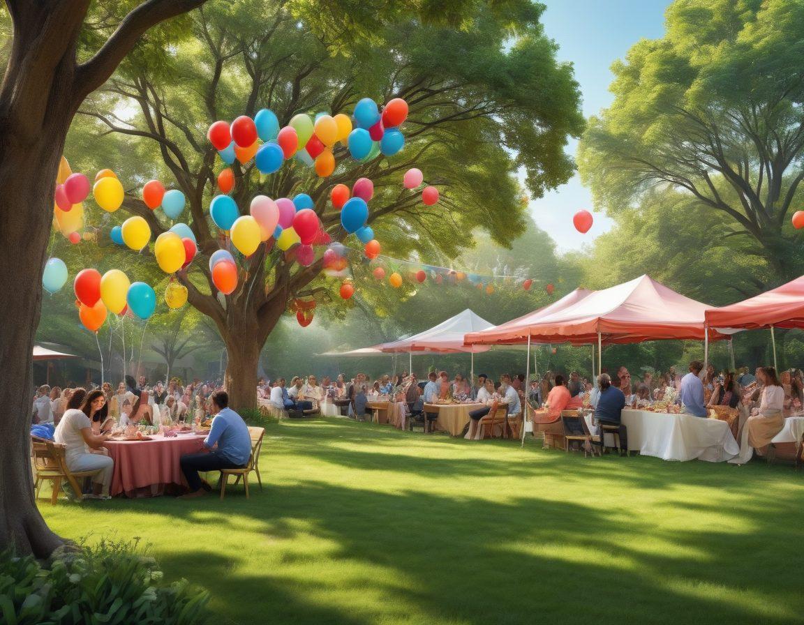 A vibrant community scene showcasing diverse people engaged in joyful activities, such as laughter, conversation, and sharing ideas. The backdrop should feature a colorful park with trees, flowers, and balloons, emphasizing a sense of togetherness and happiness. Include playful elements like a picnic setup and artistic workshops happening in the background. Bright and uplifting colors to evoke positive emotions. super-realistic. vibrant colors. 3D.